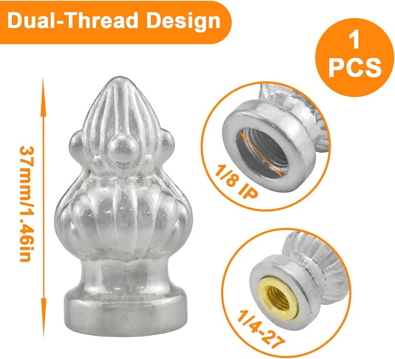 MARRTEUM Antique Brass Lamp Finial Cap Knob Retro Lamp Finial Decoration with Dual-Thread Screw for Lamp Shade, Fit Both 3/8" and 1/4-27, 1 Pack Silver - Image 2